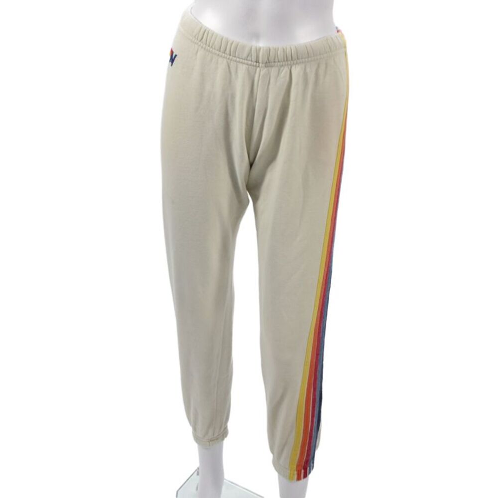 Aviator Nation Women Capri Jogger Sweatpants Beige Striped Drawstring Size XS